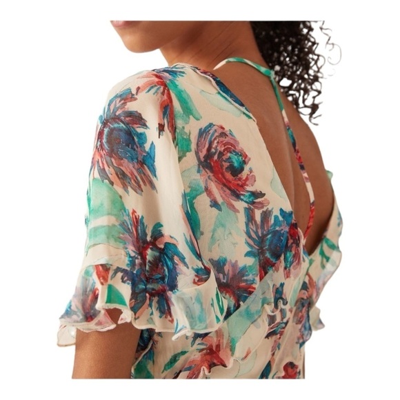 ANTHROPOLOGIE White Soft Floral Short Sleeve Ruffle Tie Back Mini Dress Medium - Picture 9 of 14